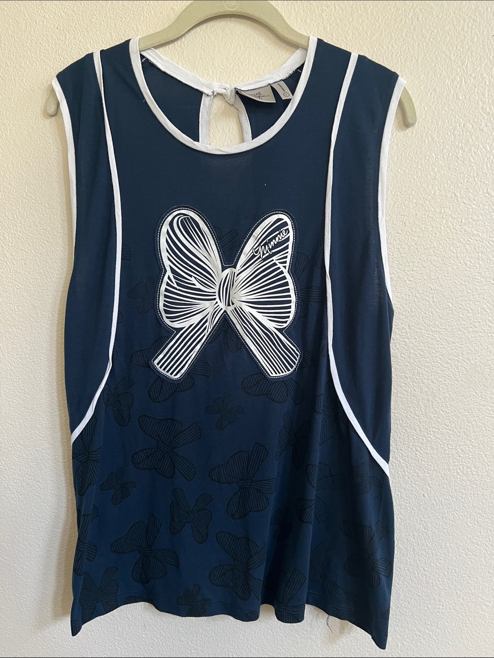 DISNEY BOUTIQUE Minnie Mouse Tank Top Large White Bow Graphic Blue/Black L